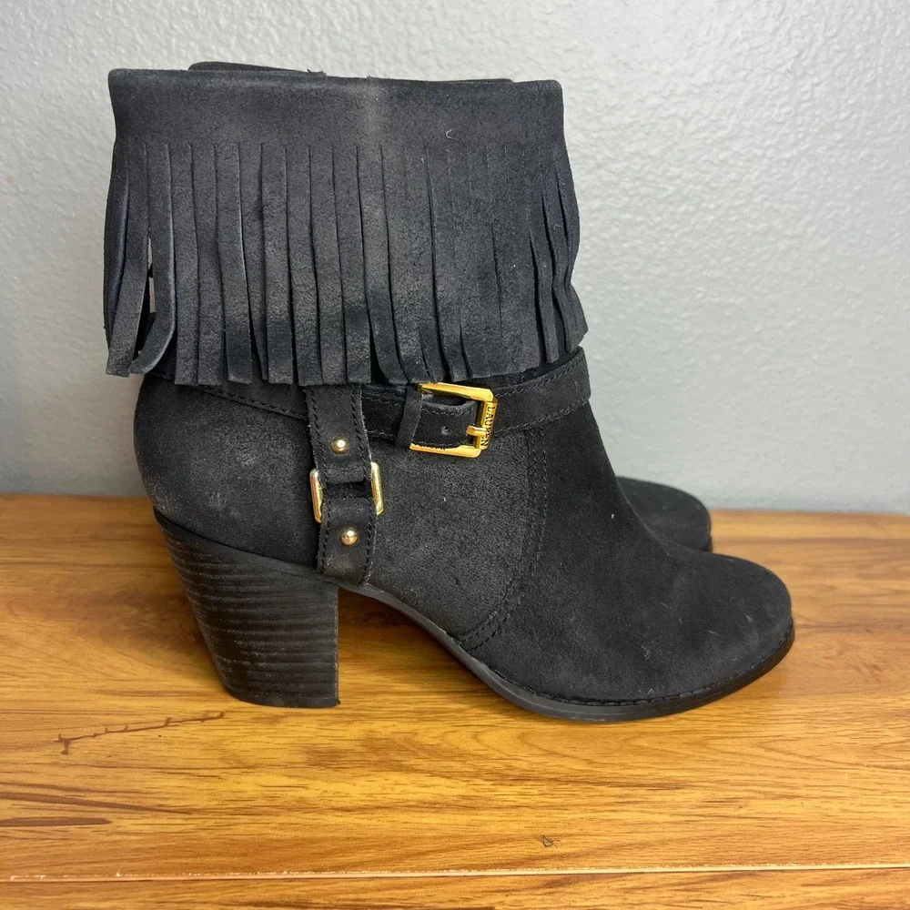 Lauren Ralph Lauren Mara Fringe Booties Sz 10 Black Leather Western Ankle Boots